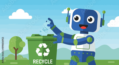 Flat design vector art showing a cheerful character, perhaps a person or a friendly robot, actively placing plastic waste into a clearly labeled recycling container