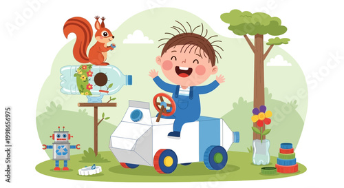 A cheerful character (e.g., a child or a friendly animal) playfully interacting with objects made from recycled materials. Perhaps a child riding a homemade toy car from a milk carton, or a squirrel w