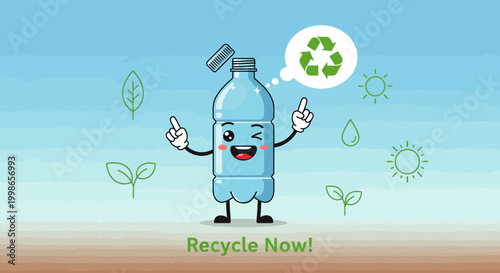 A playful flat design vector mascot character, perhaps a smiling plastic bottle or a globe with a recycling symbol, advocating for plastic recycling. Set against a simple, inspiring background