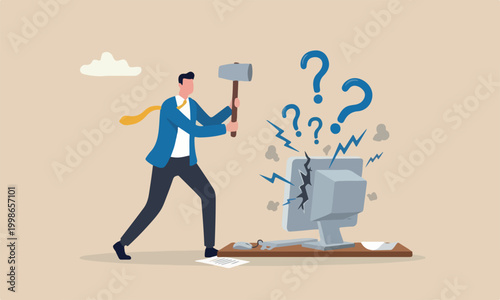 Frustration anxiety from overworked or disappointment and mistake concept, frustrated businessman hitting to computer with hammer.