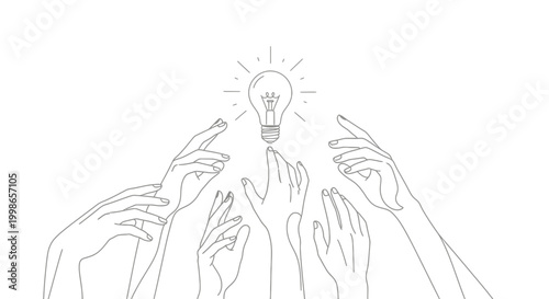 Multiple hands reaching upwards towards a glowing light bulb, symbolizing the pursuit of ideas, innovation, and creative inspiration.