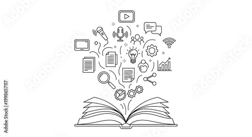 Line art illustration of an open book with various knowledge, communication, and technology icons emerging from its pages, symbolizing learning and information.