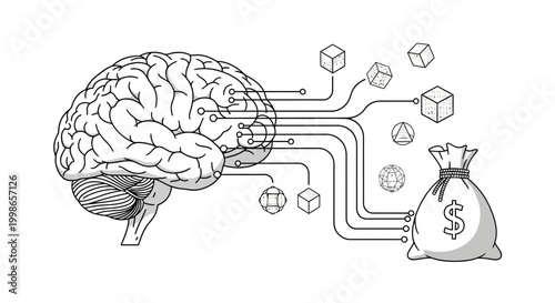 Illustration of a human brain connected by wires to a money bag, symbolizing the monetization of intelligence and ideas.