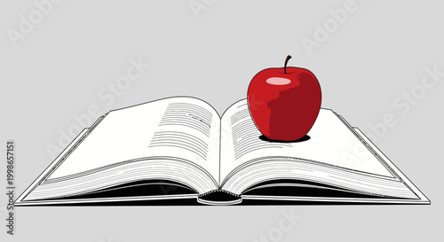 An open book with a bright red apple resting on its pages, symbolizing knowledge and education.