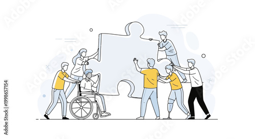 Diverse group of people with disabilities and able-bodied individuals collaborating to assemble a large puzzle piece, symbolizing inclusion and teamwork.