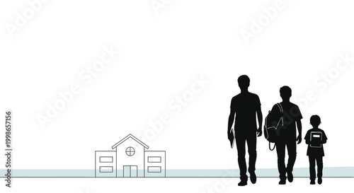 Silhouettes of a father and two sons walking towards a school building, symbolizing education and family.