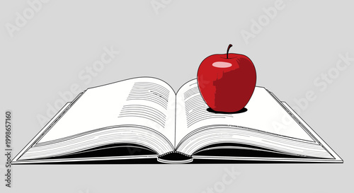 An open book with a bright red apple resting on its pages, symbolizing knowledge and learning.