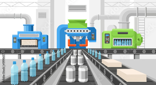 Automated production line in a modern factory, showcasing beverage bottling and packaging processes with advanced machinery.