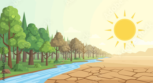 A stark visual contrast shows a lush green forest and a flowing river on one side, juxtaposed with a parched, cracked desert landscape under a blazing sun on the other.