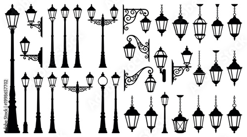 Collection of vintage street lamp silhouettes and antique lantern icons isolated on white background, concept for urban landscape design, historic architecture illustration and city park decoration