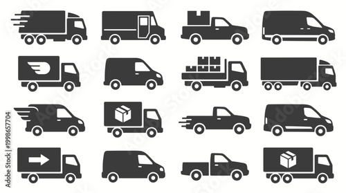 Collection of black delivery truck and shipping van icons isolated on white background with speed symbols, concept for logistics management, express shipping and commercial distribution