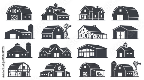 Collection of various farm building silhouettes including barns silos and rural houses on white background, concept for agricultural branding, architectural icons and infographics