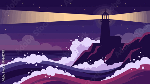 Silhouette of a lighthouse on a rocky cliff shining bright yellow beams over crashing ocean waves at night under starry sky, concept for navigational safety, maritime leadership and guidance