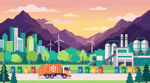 Garbage truck on road near colorful recycling bins and eco factory with wind turbines and city skyline background, concept for waste management, sustainable environment and recycling industry
