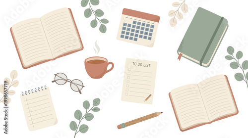 Illustration of stationery with open notebooks, calendar, coffee and to do list on white background with leaves, concept for productivity planning, time management and creative journaling