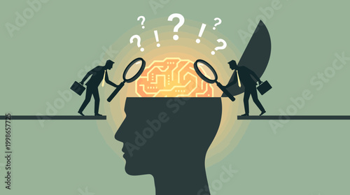 Professional analysts with magnifying glasses examining glowing digital brain inside open human head profile, concept for artificial intelligence, cognitive science and data research