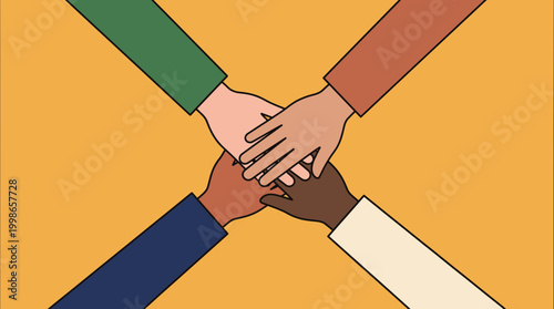Diversified group of corporate executives and project managers stacking hands together in center of frame on yellow background, concept for team collaboration, business partnership and unity