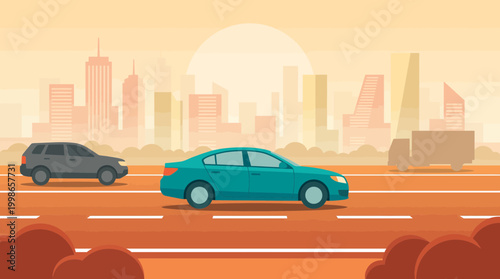 Teal sedan car and dark SUV driving on highway with city skyscrapers and sunset sun background, concept for urban transportation, daily commute and city traffic mobility