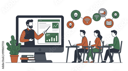 Professional business consultant teaching data strategy on monitor to office employees with laptops, concept for online webinar, corporate distance learning and digital education workshop