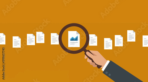 Illustration of businessman hand holding magnifying glass to inspect financial document with line graph on yellow background, concept for data auditing, financial research and business intelligence