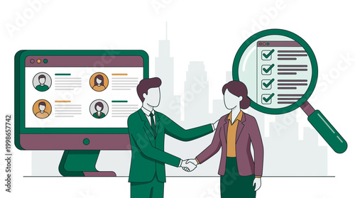 HR manager shaking hands with candidate near monitor displaying employee profiles and checklist under magnifying glass, concept for recruitment process, talent acquisition and career hiring