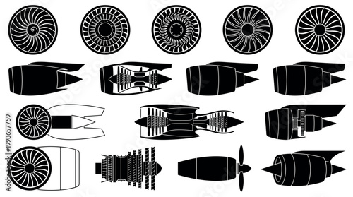 Set of various aircraft jet engine silhouettes including turbine blades and cross section views on white background, concept for aerospace engineering, aviation technology and industrial design