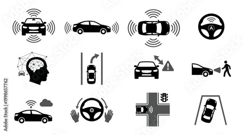 Autonomous car icons showing self-driving sensors, smart steering and artificial intelligence technology, concept for automotive apps, transport safety and driverless systems