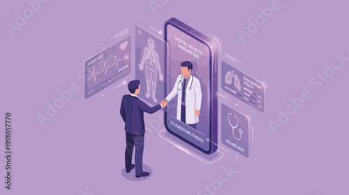 Isometric illustration of corporate executive shaking hands with virtual doctor on smartphone with medical data HUD, concept for telemedicine services, digital health and medical technology
