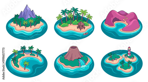 Set of cartoon tropical island icons featuring volcano, lighthouse, palm trees and mountains in ocean water, concept for mobile game design, travel website and educational geography graphics