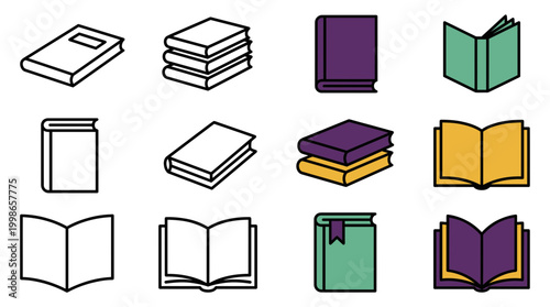 Set of minimalist book icons with bold black outlines and flat color accents including open and stacked textbook styles, concept for academic publishing, digital library and home schooling