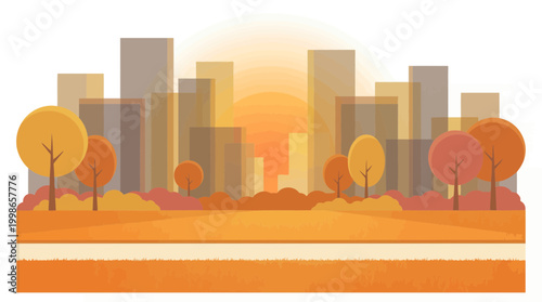 Autumn city skyline illustration with stylized park trees and golden sunset background, concept for urban landscape design, seasonal marketing campaign and travel background