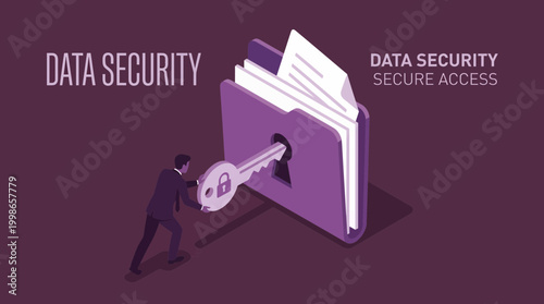Isometric cyber security officer inserting large safety key into digital document folder to unlock encrypted files, concept for network protection, information privacy and database access management
