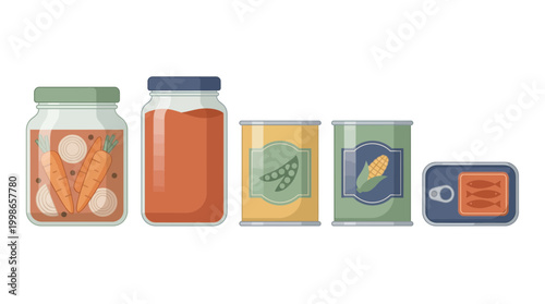 Assorted canned goods and glass jars filled with preserved vegetables, fish and sauce on white background, concept for emergency food supply, pantry storage and grocery shopping advertising
