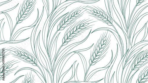 Elegant seamless pattern of hand drawn green wheat stalks and ears with leaves on white background, concept for organic food packaging, artisan bakery branding and natural textile design