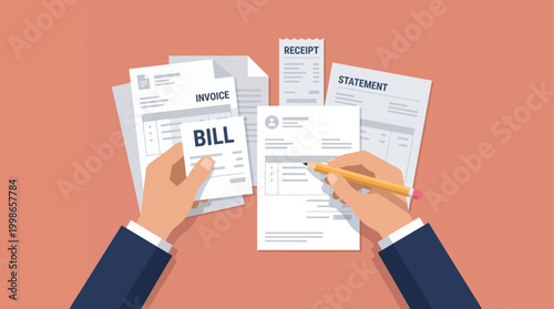 Accountant hands holding a bill and writing on financial documents like invoice, receipt and statement on a peach background, concept for financial management, tax preparation and bookkeeping