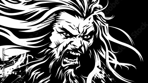 Dramatic black and white illustration of an angry bearded mans face