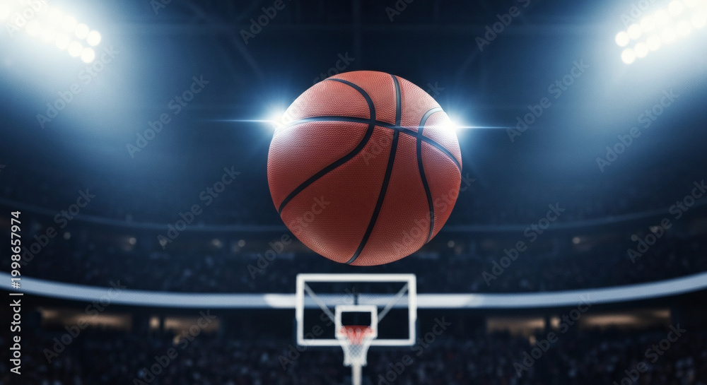 Obraz premium Dramatic close up of an orange basketball suspended midair above a hoop during a brightly lit professional sports arena game under stadium lights.