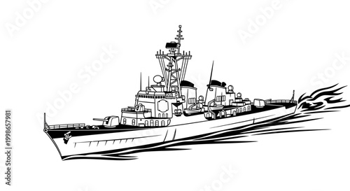Black and white illustration of a modern military ship cruising on the water