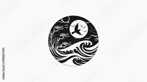 Black and white yin yang design with birds waves and moon in a circle