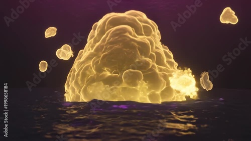 Surreal bioluminescent domes and eruptive golden blobs emerging from a dark water surface, neon purple and yellow light creating reflective ripples in a cinematic liquid simulation
