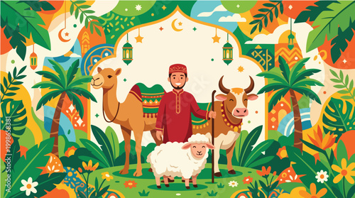 The Feast of Sacrifice celebration with a man and sacrificial animals in a vibrant tropical setting