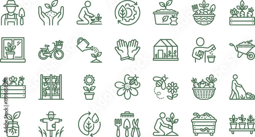 A collection of gardening and farming outline icons displaying various agricultural activities and essential plant care tools
