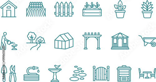 Set of minimalist line art icons representing essential gardening, landscaping, and backyard elements.