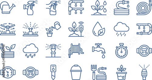 Garden watering icons showcase sprinklers, hoses, and watering cans for plant care and irrigation
