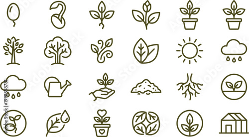 A collection of various minimal line icons depicting the complete life cycle of green plants and nature