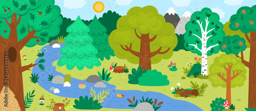 Horizontal cartoon forest border background. Empty nature woodland landscape with trees, plants, stream, log, bushes. Wild thicket panorama scene with anthill, mushrooms, river, stump