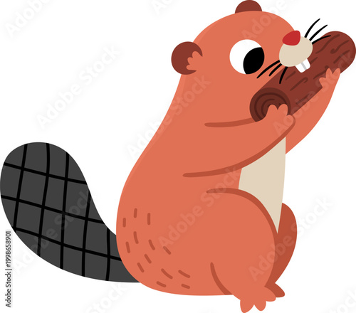 Vector cartoon brown beaver nibbling wood log isolated on white background. Funny animalistic clipart. Cute forest animal icon for kids. Flat woodland element. Woods wildlife illustration