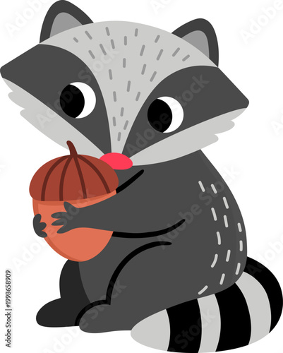 Vector cartoon raccoon sitting with acorn isolated on white background. Funny animalistic clipart. Cute forest animal icon for kids. Flat woodland element. Woods wildlife illustration