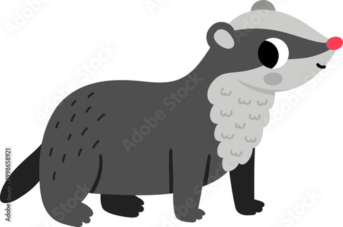 Vector cartoon badger isolated on white background. Funny animalistic clipart. Cute forest animal icon for kids. Flat woodland element. Woods wildlife illustration