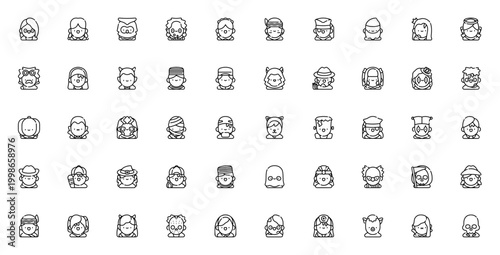 Halloween costume avatar set. Vector character icons pack featuring Joker, Witch, Vampire, Zombie, Pirate, Princess, Cowboy, Ghost, Cat, Skeleton and more.